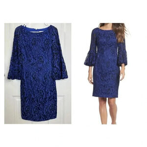 ELIZA J Cobalt Blue Romantic Lace Flare Bell Sleeve Dress Wedding Formal Size 2